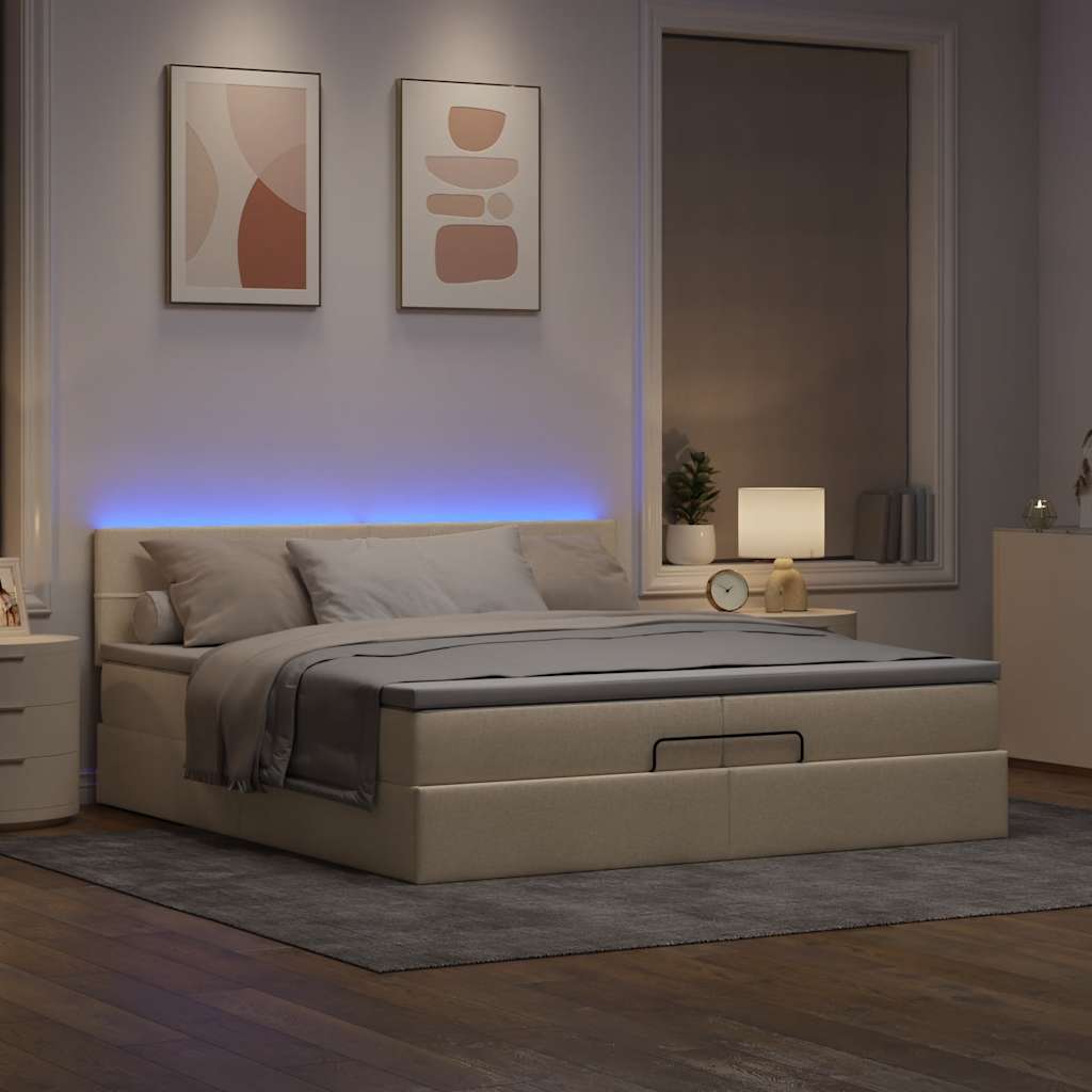 Ottoman bed met matrassen en LED's 200x200cm stof crèmekleurig is nu te koop bij PeponiXL, paradijselijk wonen!