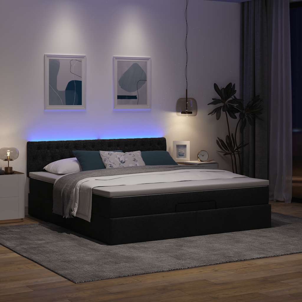 Ottoman bed met matras en LED's 160x200cm stof zwart is nu te koop bij PeponiXL, paradijselijk wonen!
