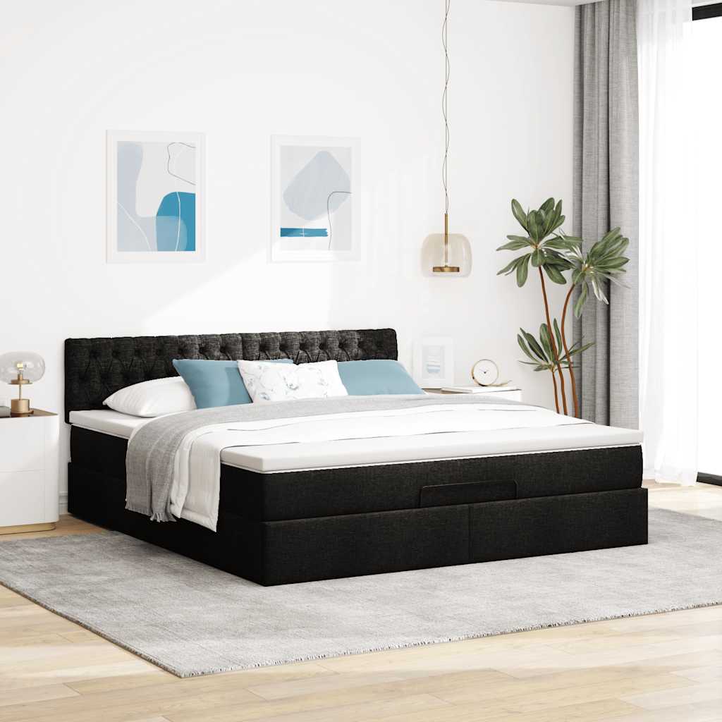 Ottoman bed met matras en LED's 160x200cm stof zwart is nu te koop bij PeponiXL, paradijselijk wonen!