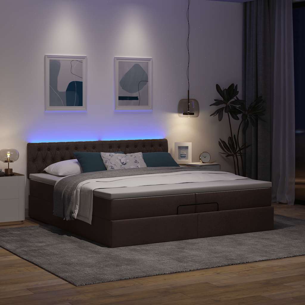 Ottoman bed met matrassen en LED's 200x200cm stof donkerbruin