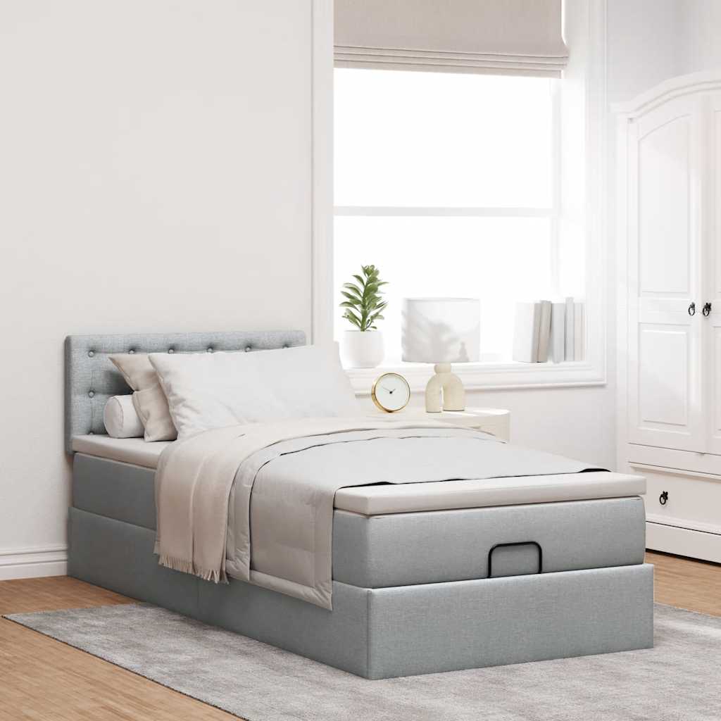Ottoman bed met matras en LED's 90x190cm stof lichtgrijs is nu te koop bij PeponiXL, paradijselijk wonen!