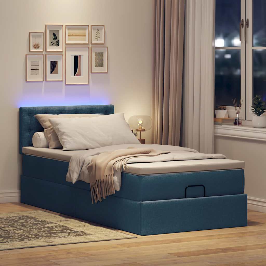 Ottoman bed met matras en LED's 90x190cm stof blauw is nu te koop bij PeponiXL, paradijselijk wonen!