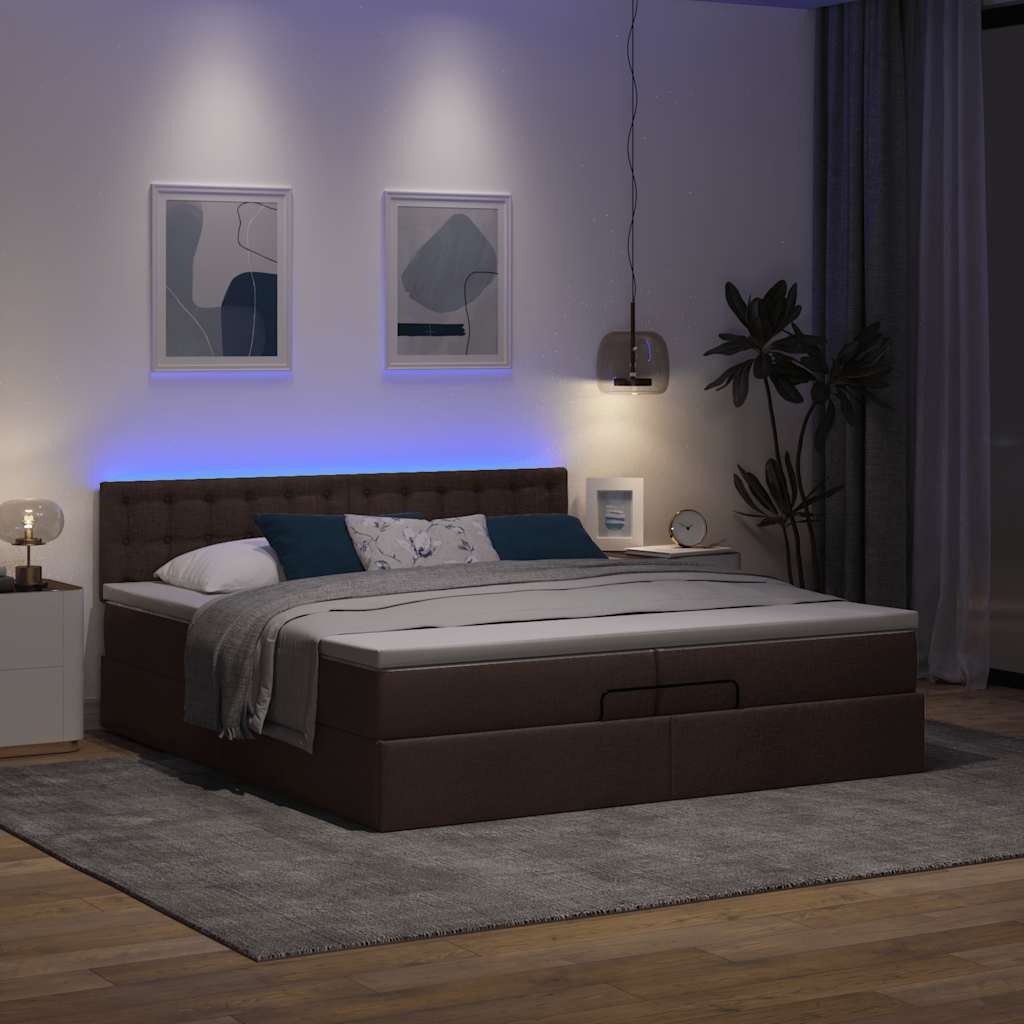 Ottoman bed met matrassen en LED's 200x200cm stof donkerbruin