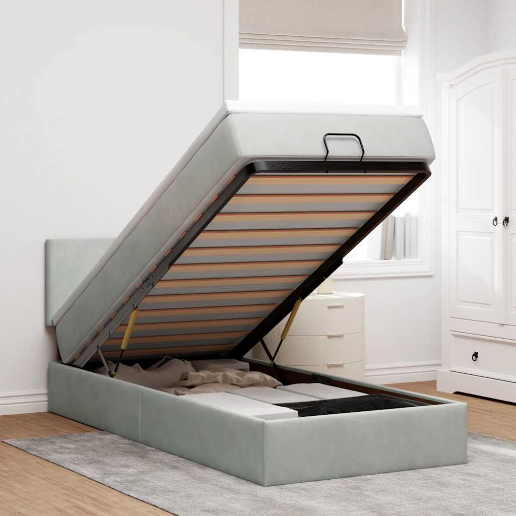 Ottoman bed met matras en LED's 90x190cm fluweel lichtgrijs is nu te koop bij PeponiXL, paradijselijk wonen!