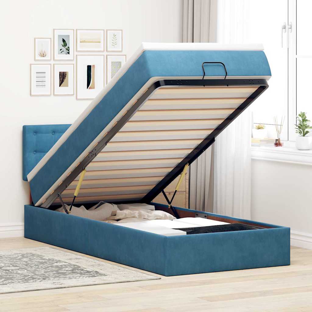 Ottoman bed met matras en LED's 90x200cm fluweel donkerblauw is nu te koop bij PeponiXL, paradijselijk wonen!