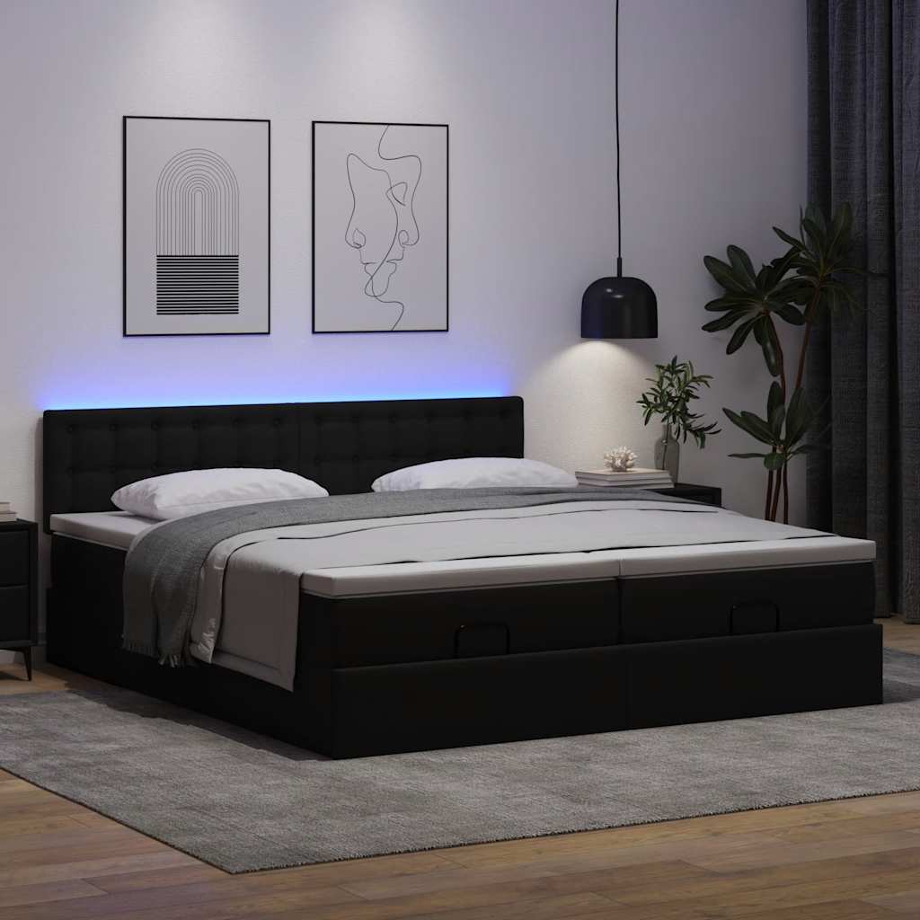 Ottoman bed met matrassen en LED's 200x200cm kunstleer zwart is nu te koop bij PeponiXL, paradijselijk wonen!