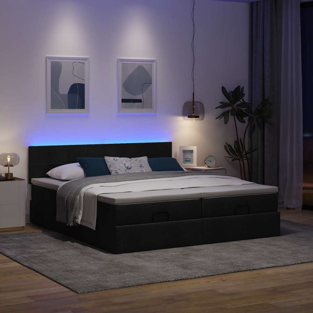 Ottoman bed met matrassen en LED's 200x200cm stof zwart is nu te koop bij PeponiXL, paradijselijk wonen!