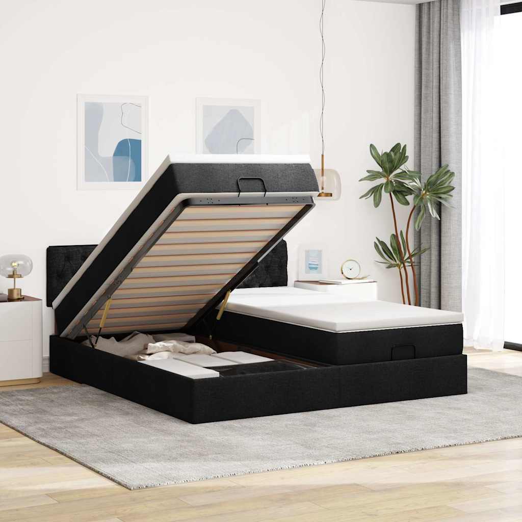 Ottoman bed met matrassen en LED's 200x200cm stof zwart is nu te koop bij PeponiXL, paradijselijk wonen!