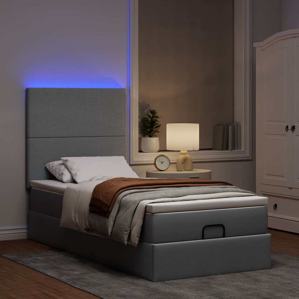 Ottoman bed met matras en LED's 90x190cm stof lichtgrijs is nu te koop bij PeponiXL, paradijselijk wonen!