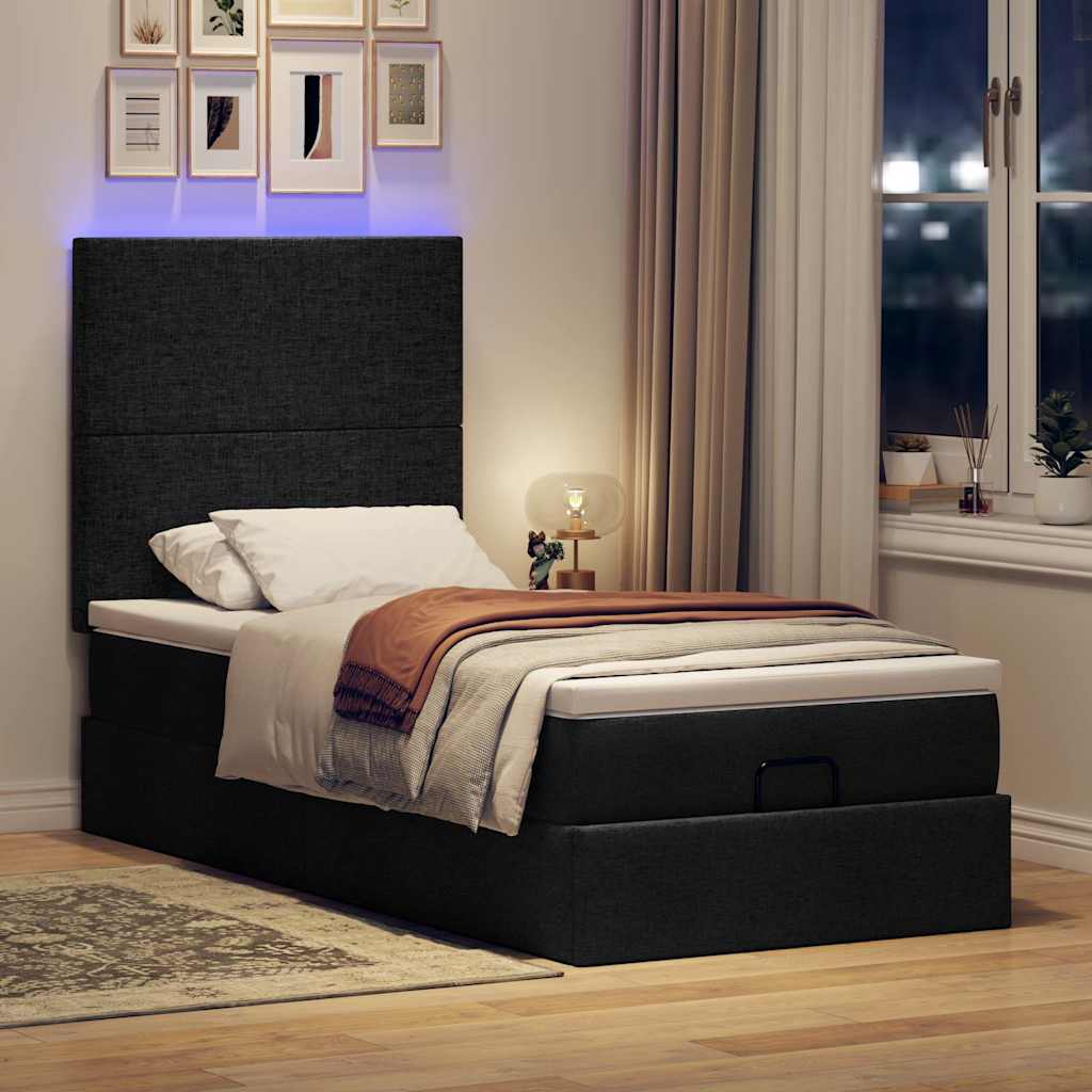 Ottoman bed met matras en LED's 90x190cm stof zwart is nu te koop bij PeponiXL, paradijselijk wonen!
