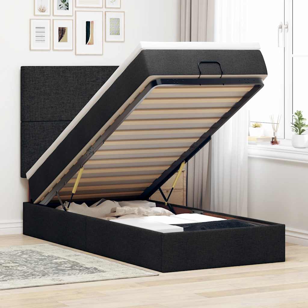 Ottoman bed met matras en LED's 90x190cm stof zwart is nu te koop bij PeponiXL, paradijselijk wonen!