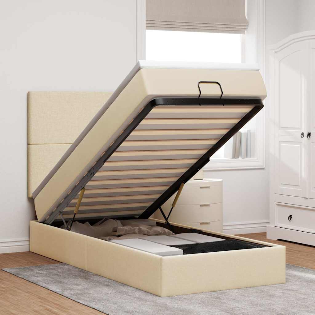 Ottoman bed met matras en LED's 90x190cm stof crèmekleurig is nu te koop bij PeponiXL, paradijselijk wonen!