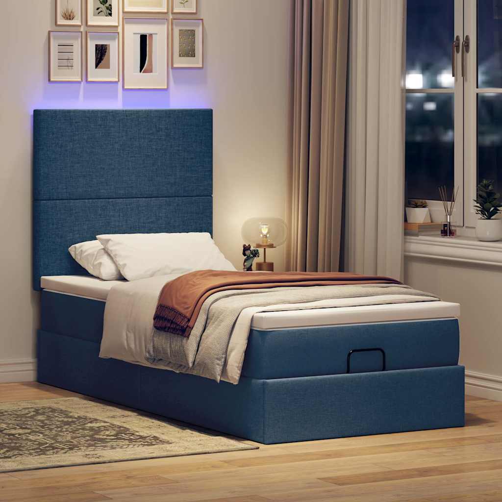Ottoman bed met matras en LED's 90x190cm stof blauw is nu te koop bij PeponiXL, paradijselijk wonen!