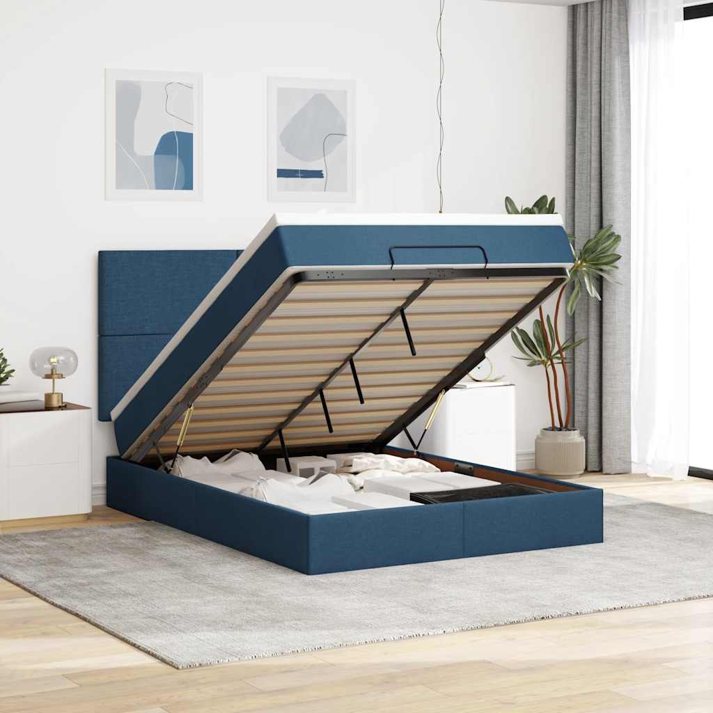 Ottoman bed met matras en LED's 140x190cm stof blauw is nu te koop bij PeponiXL, paradijselijk wonen!