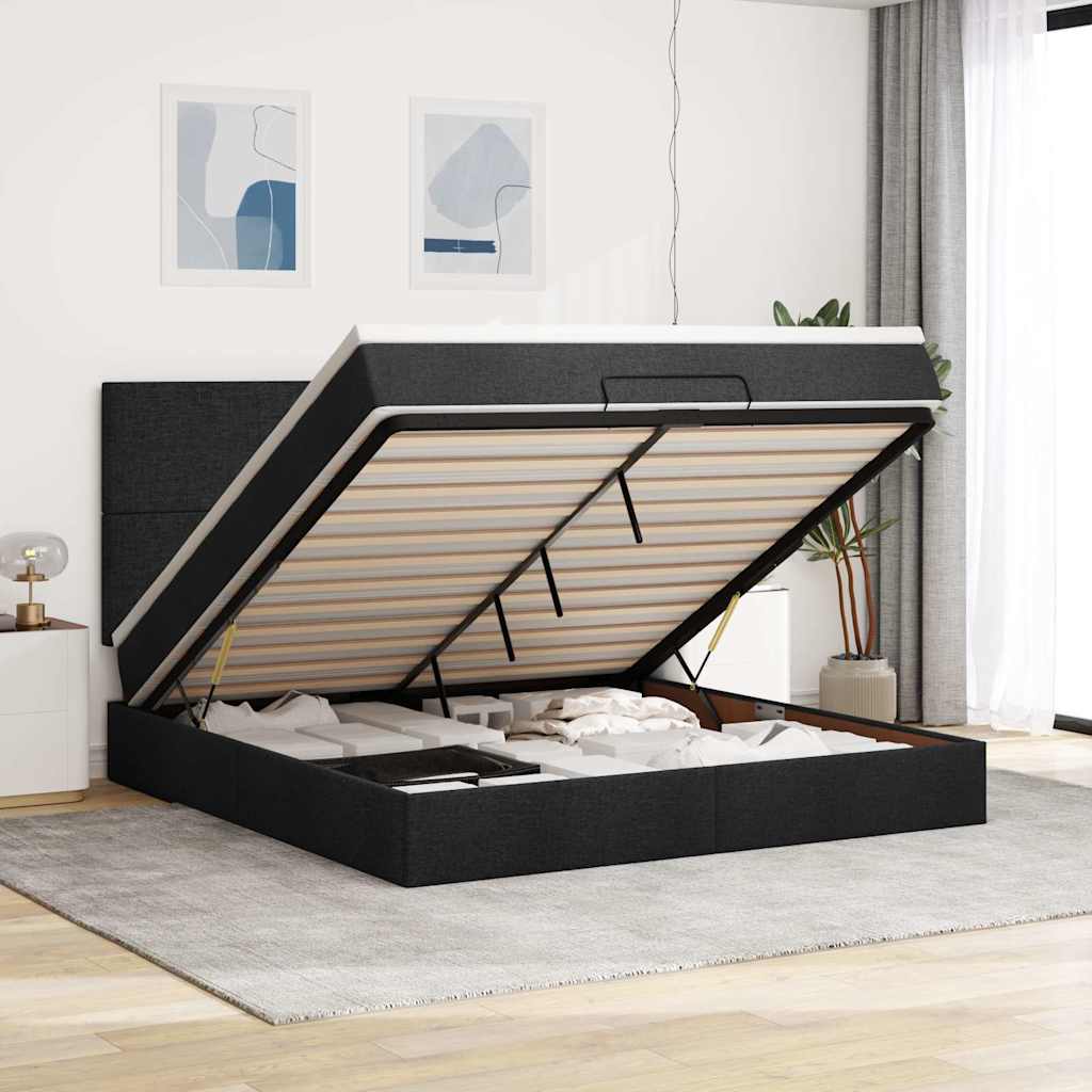 Ottoman bed met matras en LED's 160x200cm stof zwart is nu te koop bij PeponiXL, paradijselijk wonen!