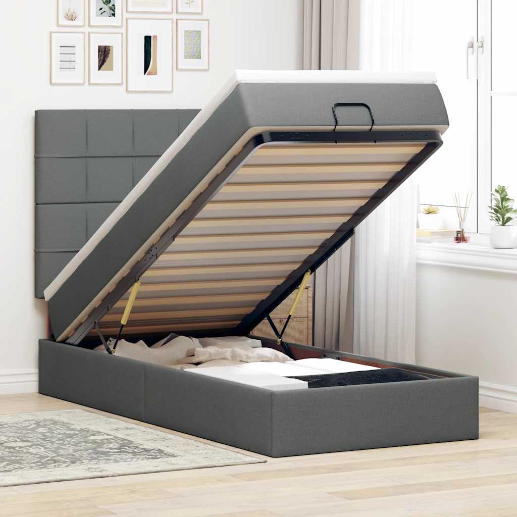 Ottoman bed met matras en LED's 90x190cm stof donkergrijs is nu te koop bij PeponiXL, paradijselijk wonen!