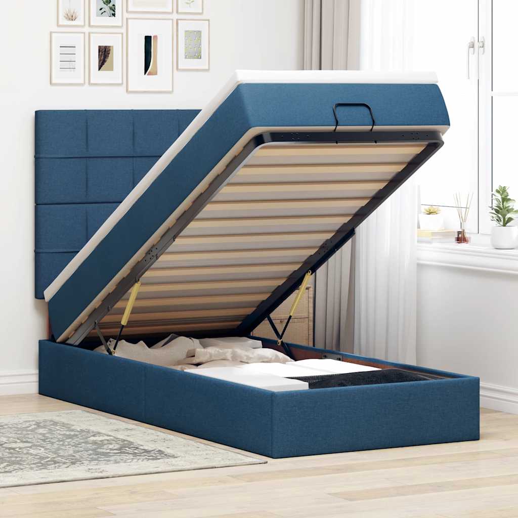 Ottoman bed met matras en LED's 90x190cm stof blauw is nu te koop bij PeponiXL, paradijselijk wonen!