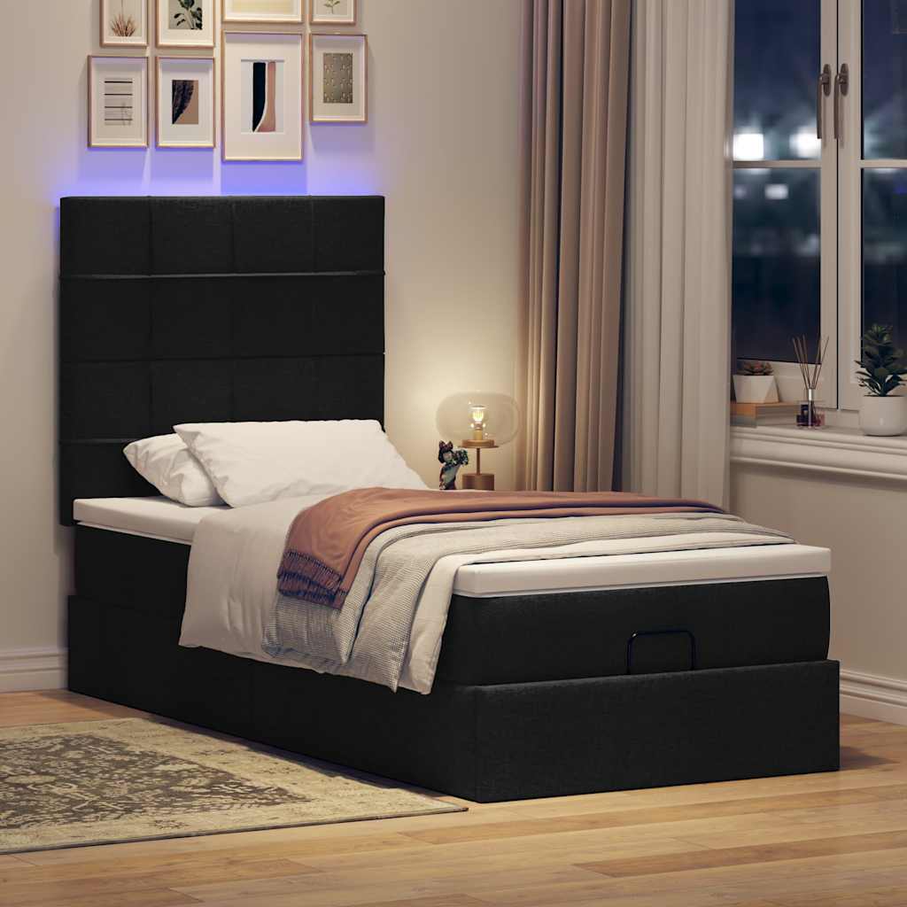 Ottoman bed met matras en LED's 90x200cm stof zwart is nu te koop bij PeponiXL, paradijselijk wonen!