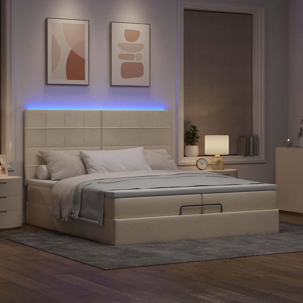 Ottoman bed met matrassen en LED's 200x200cm stof crèmekleurig is nu te koop bij PeponiXL, paradijselijk wonen!