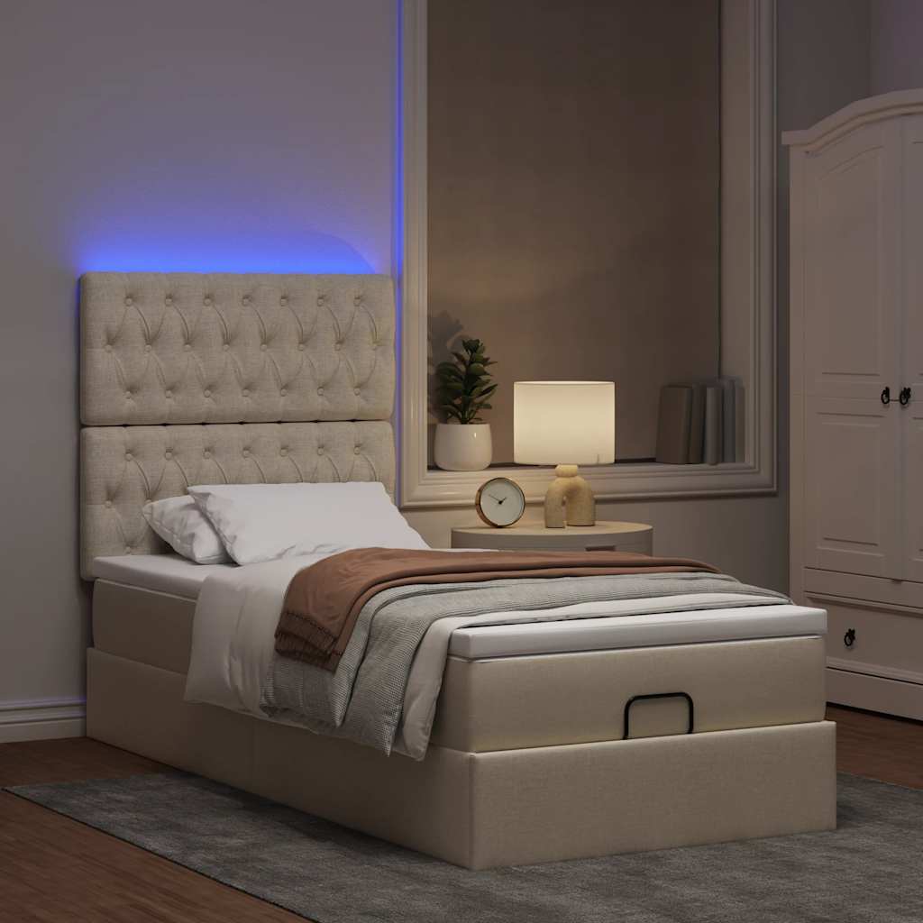Ottoman bed met matras en LED's 90x190cm stof crèmekleurig is nu te koop bij PeponiXL, paradijselijk wonen!