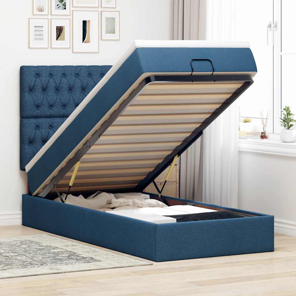 Ottoman bed met matras en LED's 90x190cm stof blauw is nu te koop bij PeponiXL, paradijselijk wonen!