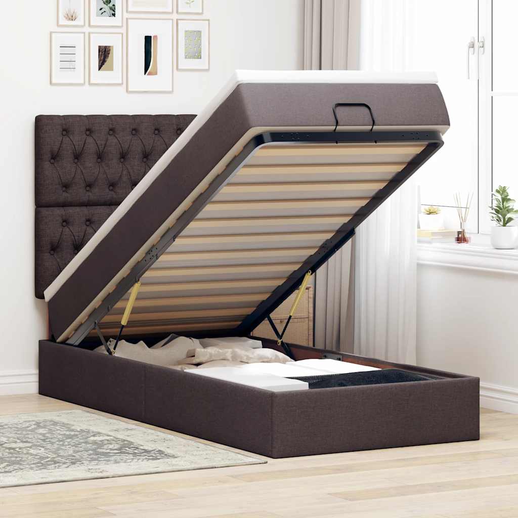 Ottoman bed met matras en LED's 100x200cm stof donkerbruin is nu te koop bij PeponiXL, paradijselijk wonen!