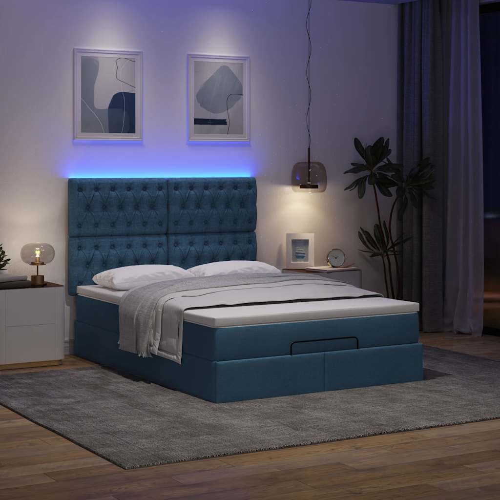 Ottoman bed met matras en LED's 140x200cm stof blauw
