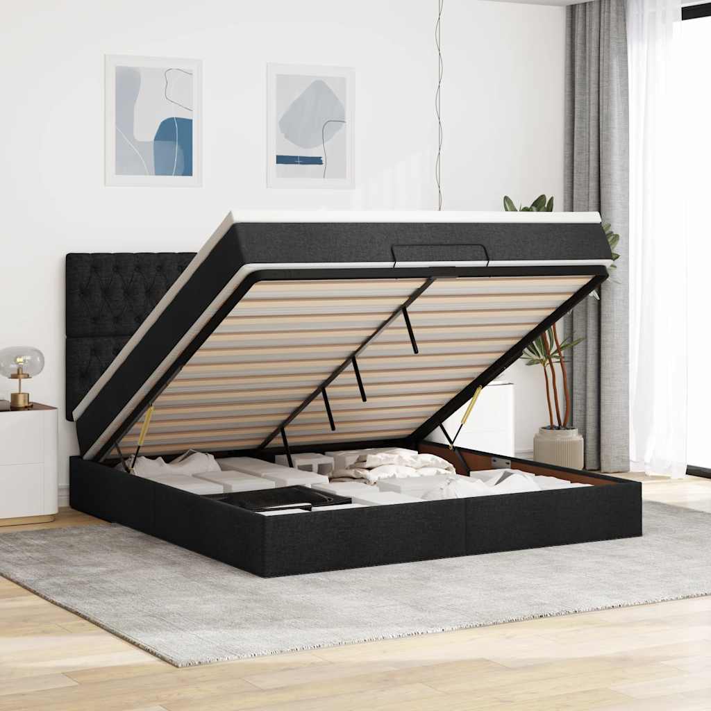 Ottoman bed met matras en LED's 180x200cm stof zwart is nu te koop bij PeponiXL, paradijselijk wonen!