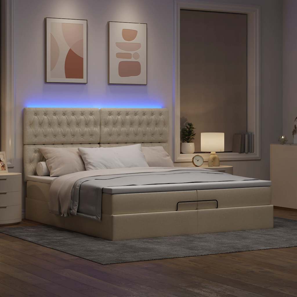 Ottoman bed met matrassen en LED's 200x200cm stof crèmekleurig is nu te koop bij PeponiXL, paradijselijk wonen!