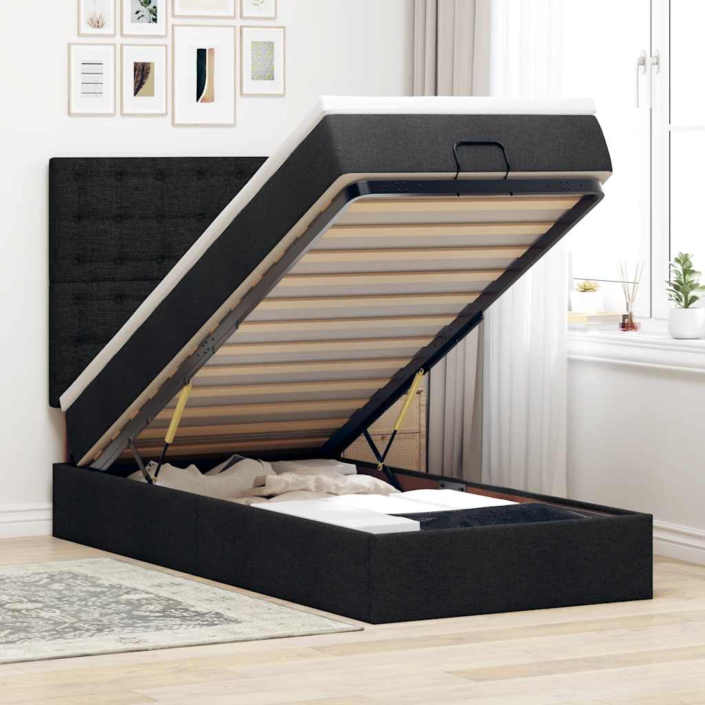Ottoman bed met matras en LED's 90x190cm stof zwart is nu te koop bij PeponiXL, paradijselijk wonen!