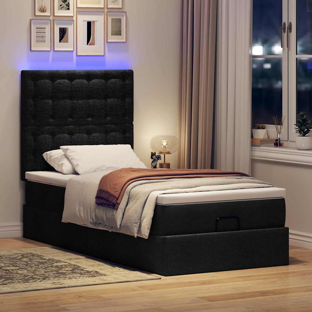 Ottoman bed met matras en LED's 90x200cm stof zwart is nu te koop bij PeponiXL, paradijselijk wonen!