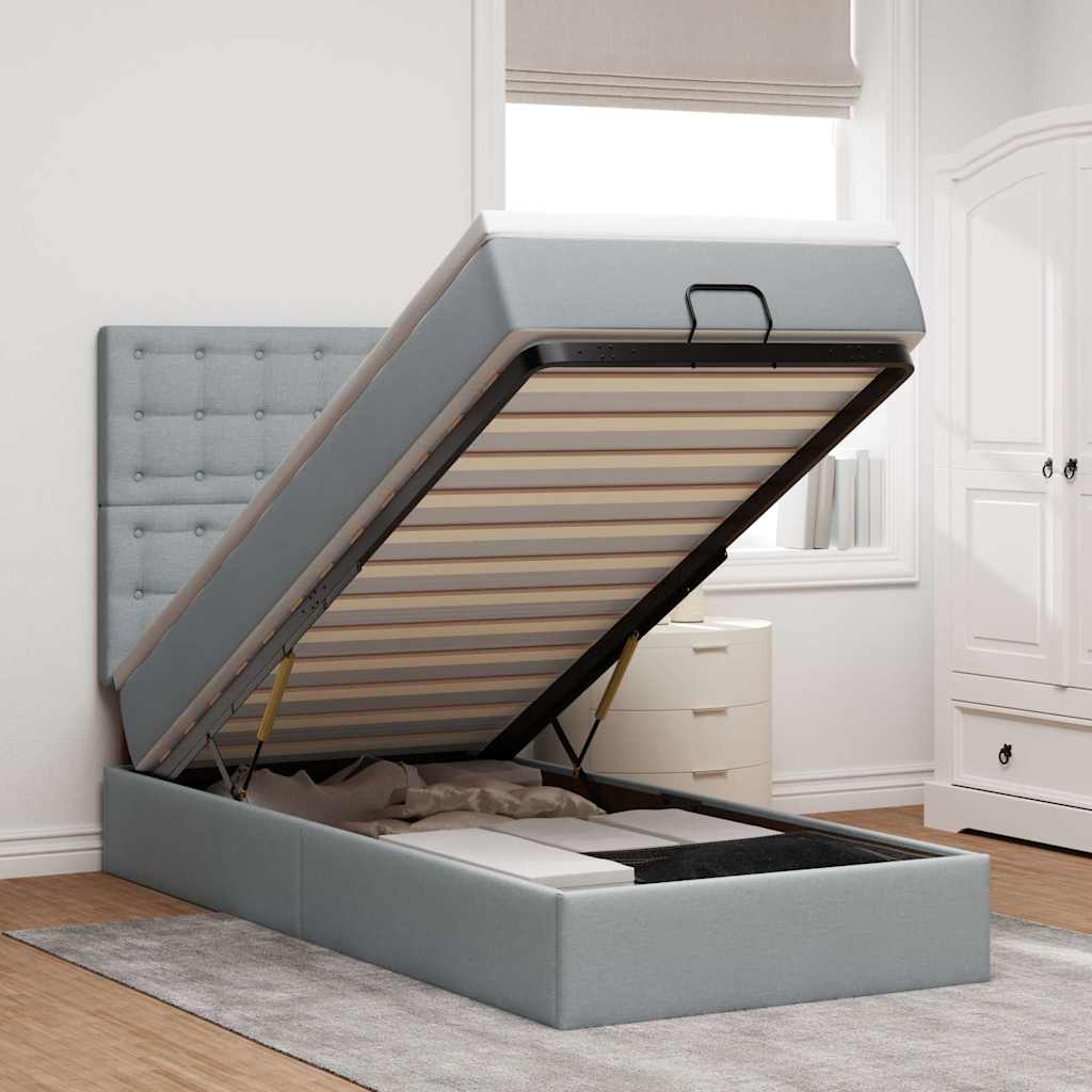 Ottoman bed met matras en LED's 100x200cm stof lichtgrijs is nu te koop bij PeponiXL, paradijselijk wonen!