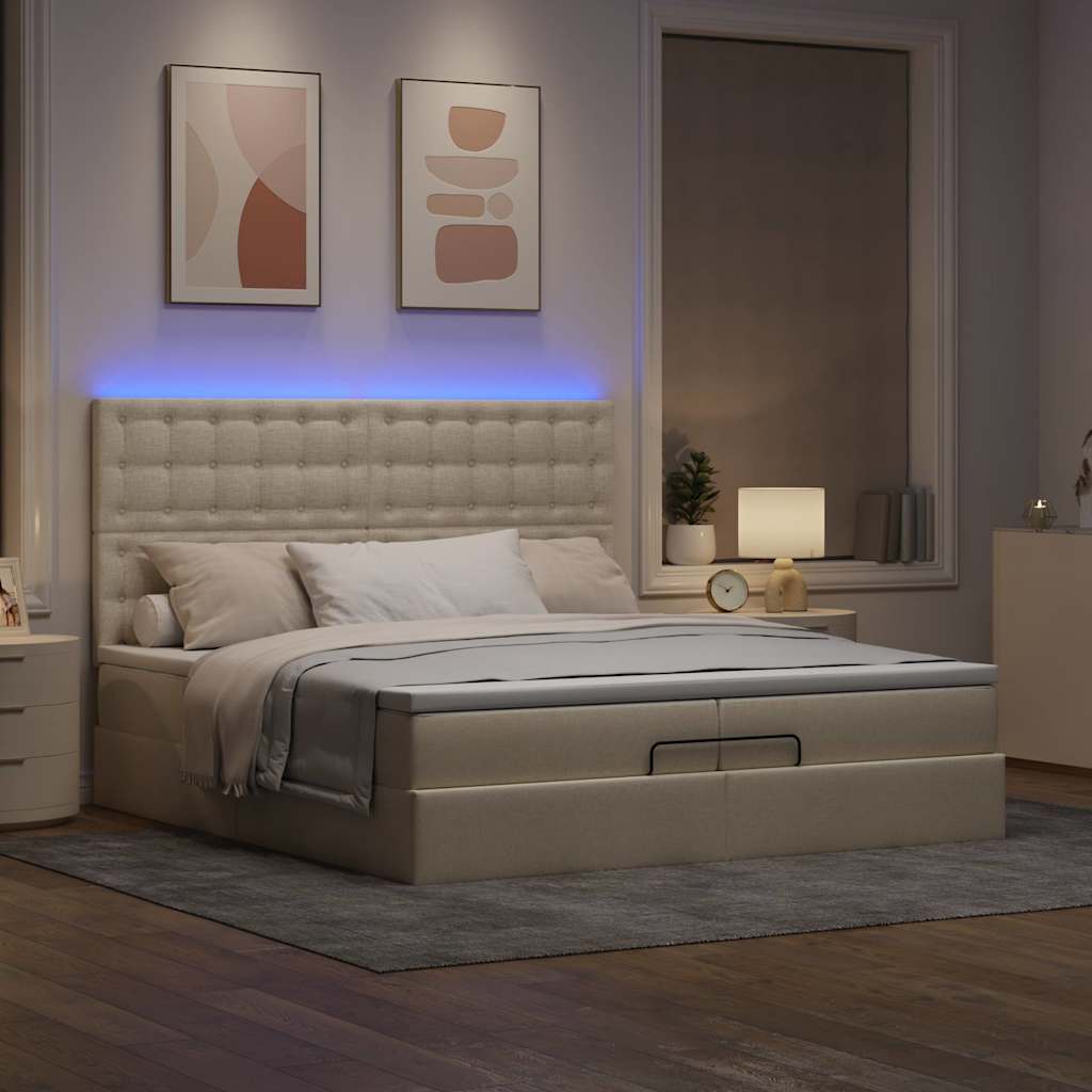 Ottoman bed met matrassen en LED's 200x200cm stof crèmekleurig