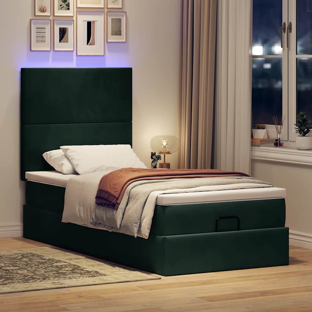 Ottoman bed met matrassen en LED's 90x190cm fluweel donkergroen is nu te koop bij PeponiXL, paradijselijk wonen!