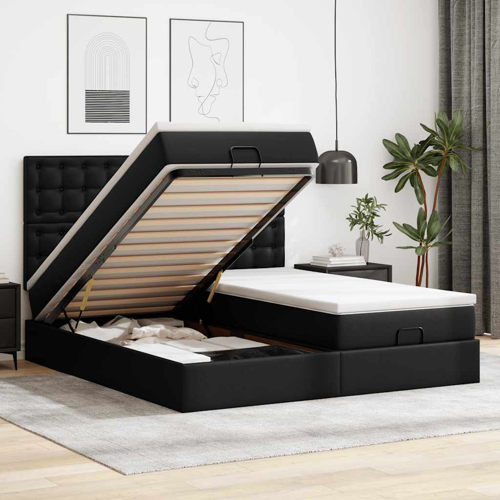 Ottoman bed met matrassen en LED's 200x200cm kunstleer zwart is nu te koop bij PeponiXL, paradijselijk wonen!