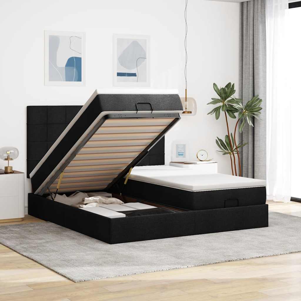 Ottoman bed met matrassen en LED's 160x200cm stof zwart is nu te koop bij PeponiXL, paradijselijk wonen!