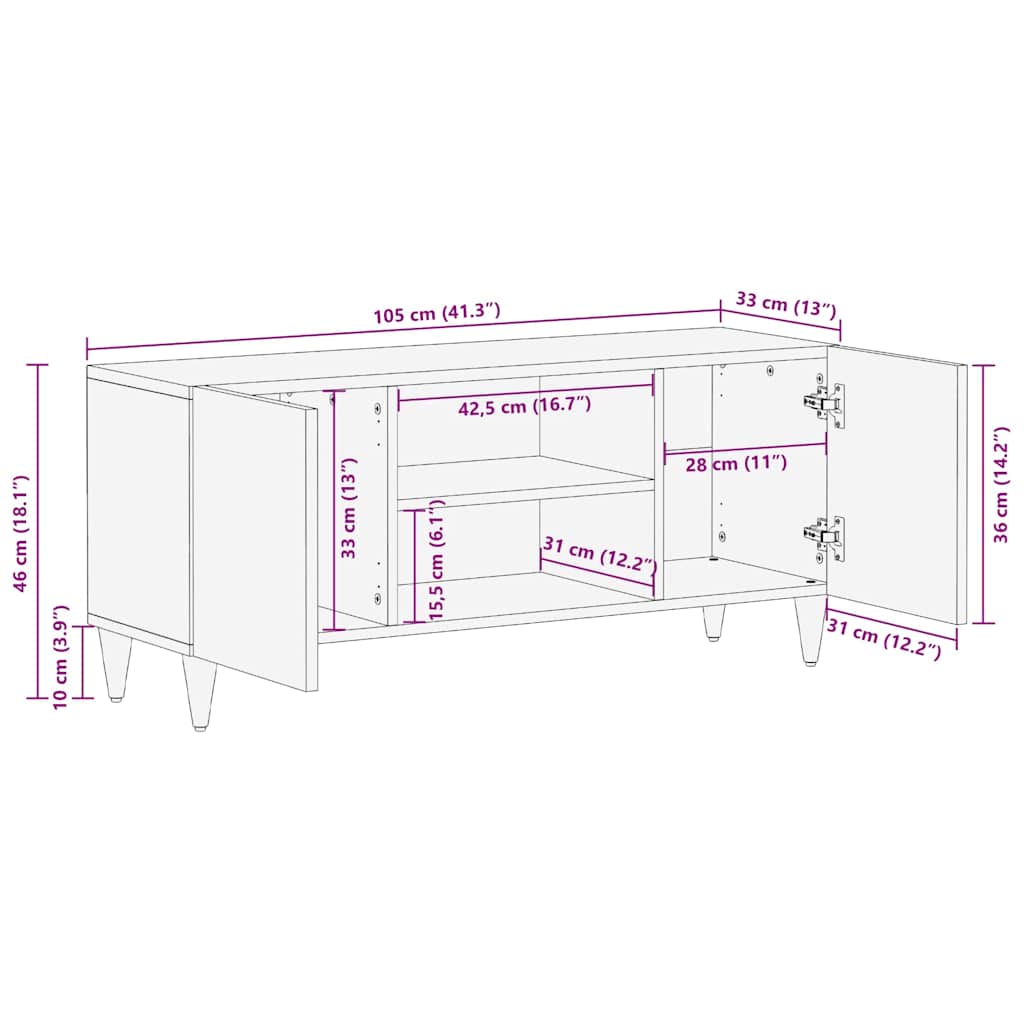 TV-kast met plank Zwart 105 x 33 x 46 cm Massief Mango Hout is nu te koop bij PeponiXL, paradijselijk wonen!