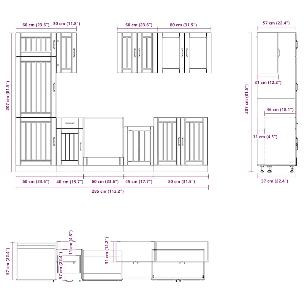 8-delige Keukenkastenset Kalmar bewerkt hout oud houtkleurig is nu te koop bij PeponiXL, paradijselijk wonen!