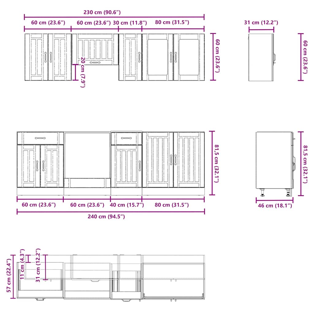 8-delige Keukenkastenset Lucca bewerkt hout bruin eikenkleur is nu te koop bij PeponiXL, paradijselijk wonen!