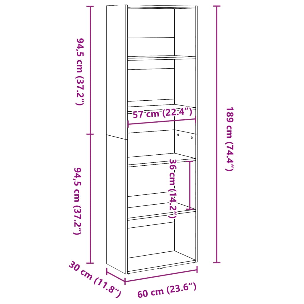 Boekenkast 60x30x189 cm bewerkt hout grijs sonoma eikenkleurig is nu te koop bij PeponiXL, paradijselijk wonen!