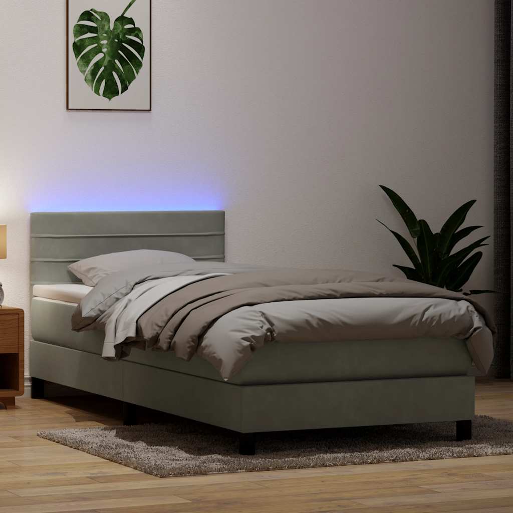 Boxspring met matras en LED fluweel lichtgrijs 90x220 cm is nu te koop bij PeponiXL, paradijselijk wonen!