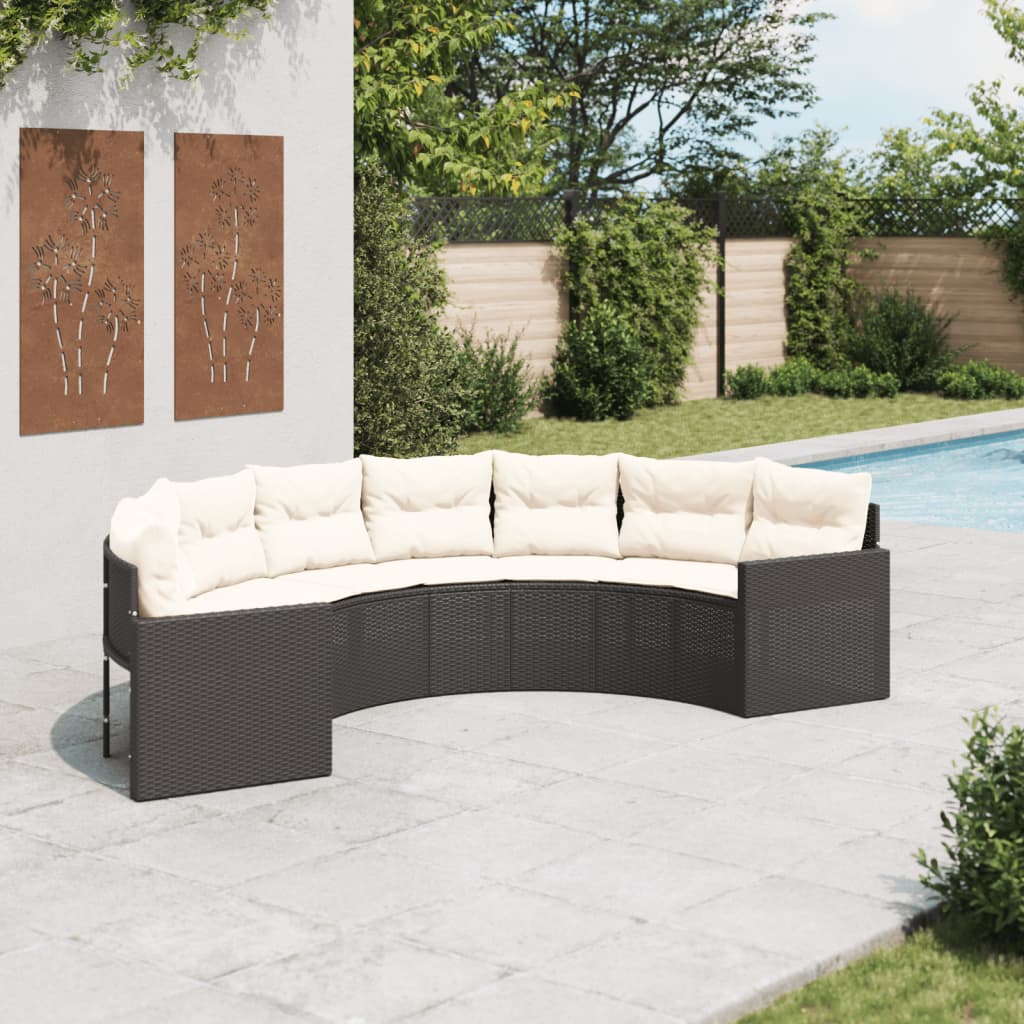 Tuinbank met kussens halfrond poly rattan zwart is nu te koop bij PeponiXL, paradijselijk wonen!