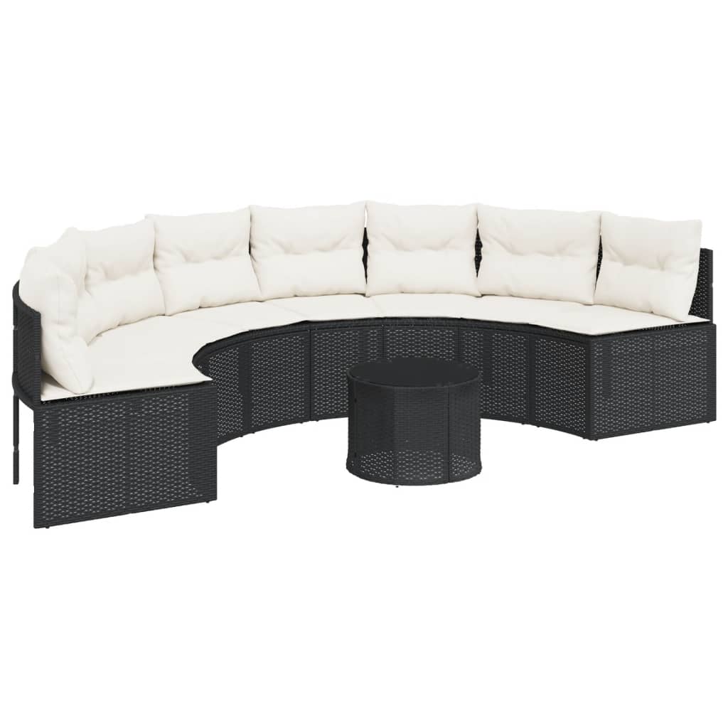 Tuinbank met tafel en kussens halfrond poly rattan zwart is nu te koop bij PeponiXL, paradijselijk wonen!