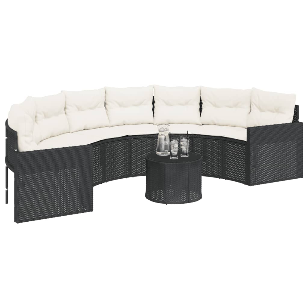 Tuinbank met tafel en kussens halfrond poly rattan zwart is nu te koop bij PeponiXL, paradijselijk wonen!