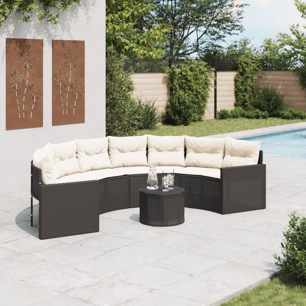 Tuinbank met tafel en kussens halfrond poly rattan zwart is nu te koop bij PeponiXL, paradijselijk wonen!