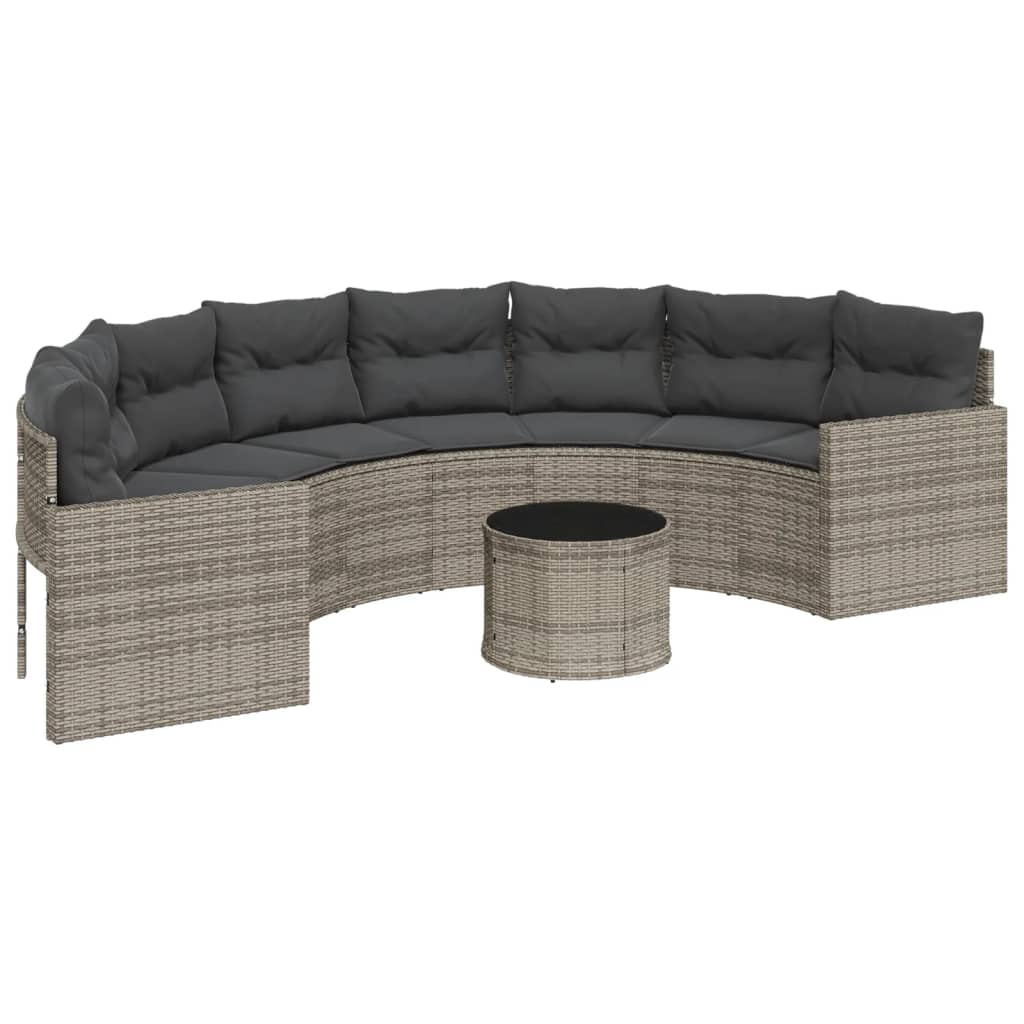 Tuinbank met tafel en kussens halfrond poly rattan grijs is nu te koop bij PeponiXL, paradijselijk wonen!