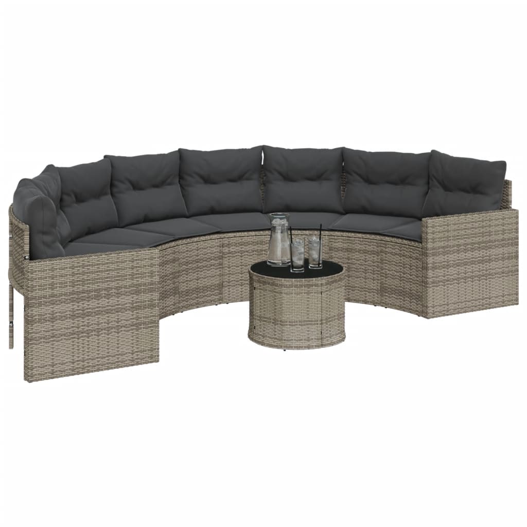 Tuinbank met tafel en kussens halfrond poly rattan grijs is nu te koop bij PeponiXL, paradijselijk wonen!