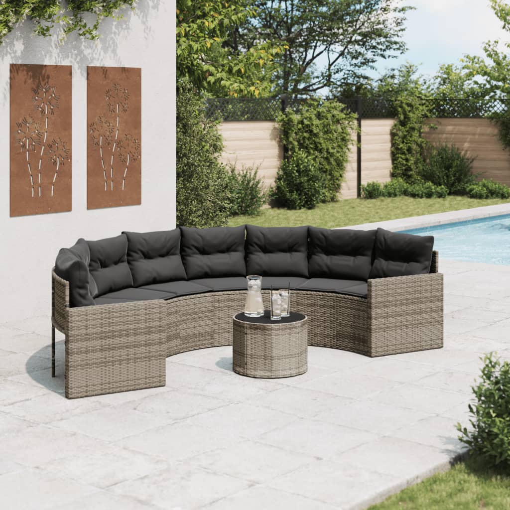 Tuinbank met tafel en kussens halfrond poly rattan grijs is nu te koop bij PeponiXL, paradijselijk wonen!