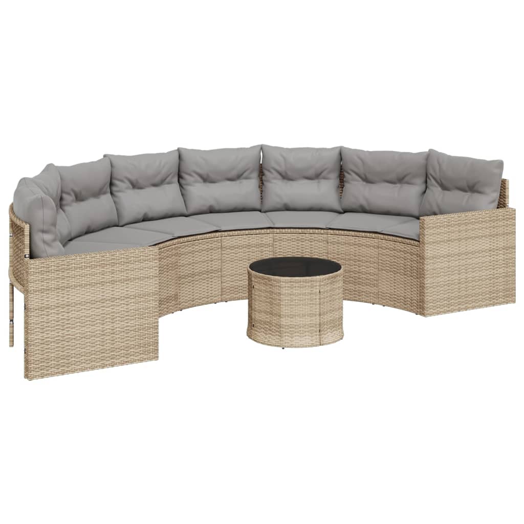 Tuinbank met tafel en kussens halfrond poly rattan beige is nu te koop bij PeponiXL, paradijselijk wonen!