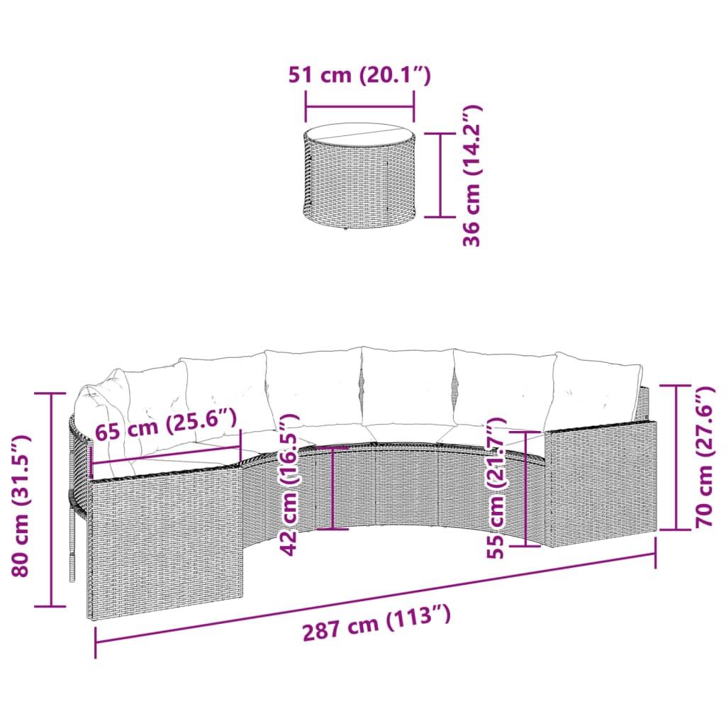 Tuinbank met tafel en kussens halfrond poly rattan beige is nu te koop bij PeponiXL, paradijselijk wonen!